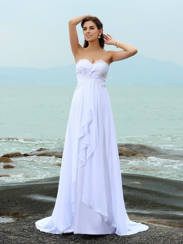 A-Linie/Princess-Linie Herzausschnitt Perlen verziert Ärmellos Lange Chiffon Strand Brautkleider