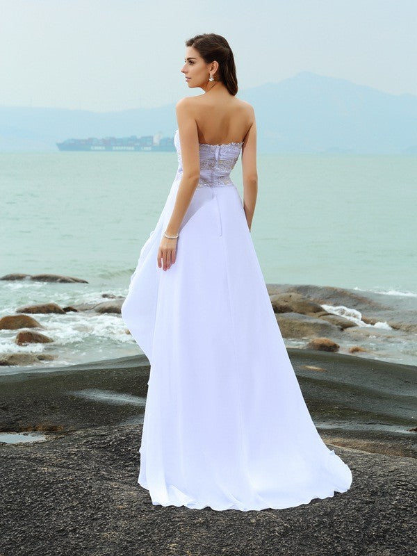 A-Linie/Princess-Linie Herzausschnitt Perlen verziert Ärmellos Lange Chiffon Strand Brautkleider