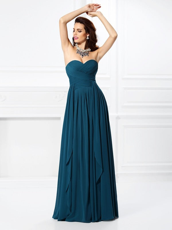 Vestido de dama de honor largo de gasa sin mangas con escote corazón, pliegues y volantes, corte A/princesa, para fiesta de noche