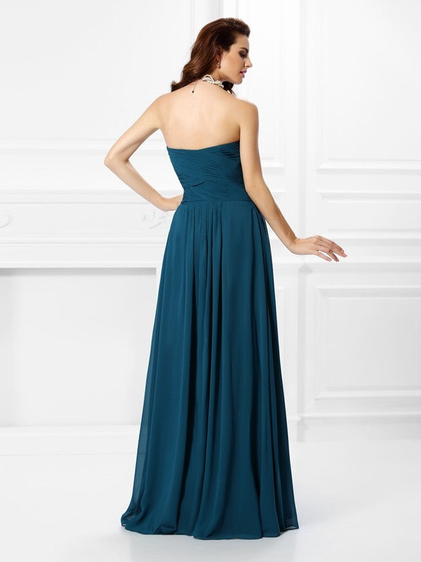 Vestido de dama de honor largo de gasa sin mangas con escote corazón, pliegues y volantes, corte A/princesa, para fiesta de noche