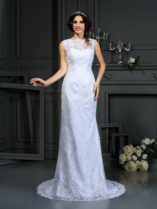 Sheath/Column High Neck Lace Sleeveless Long Lace Wedding Dresses Bridal Gowns