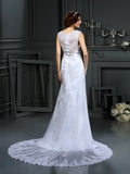 Sheath/Column High Neck Lace Sleeveless Long Lace Wedding Dresses Bridal Gowns