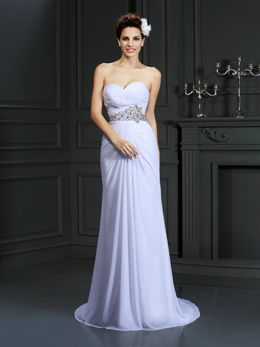 Sheath/Column Sweetheart Beading Sleeveless Long Chiffon Wedding Dresses Bridal Gowns