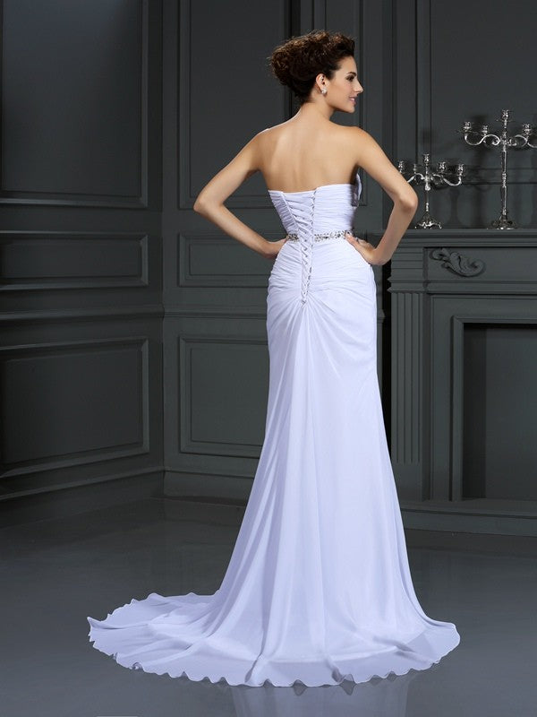 Sheath/Column Sweetheart Beading Sleeveless Long Chiffon Wedding Dresses Bridal Gowns