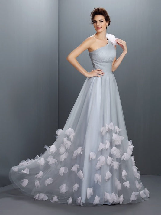 Vestido de fiesta de noche de corte A/princesa, de un solo hombro, con flores hechas a mano, sin mangas, largo de red