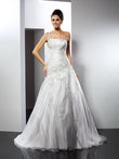 A-Line/Princess One-Shoulder Applique Sleeveless Long Satin Wedding Dresses Bridal Gowns