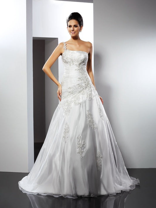 A-Line/Princess One-Shoulder Applique Sleeveless Long Satin Wedding Dresses Bridal Gowns