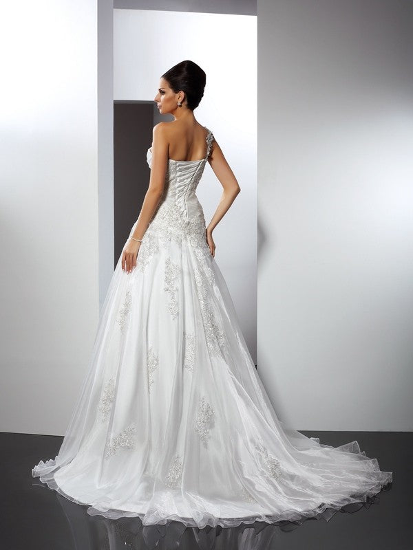 A-Line/Princess One-Shoulder Applique Sleeveless Long Satin Wedding Dresses Bridal Gowns