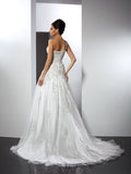 A-Line/Princess One-Shoulder Applique Sleeveless Long Satin Wedding Dresses Bridal Gowns