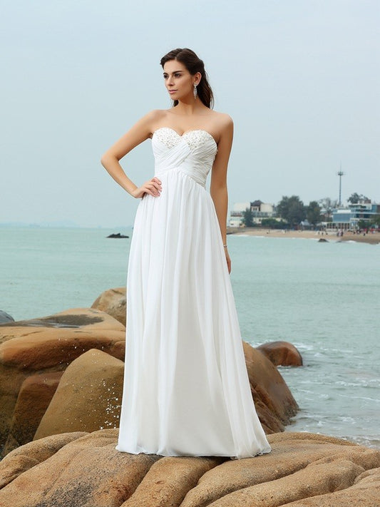 A-Linie/Princess-Linie Herzausschnitt Perlen verziert Ärmellos Lange Chiffon Strand Brautkleider