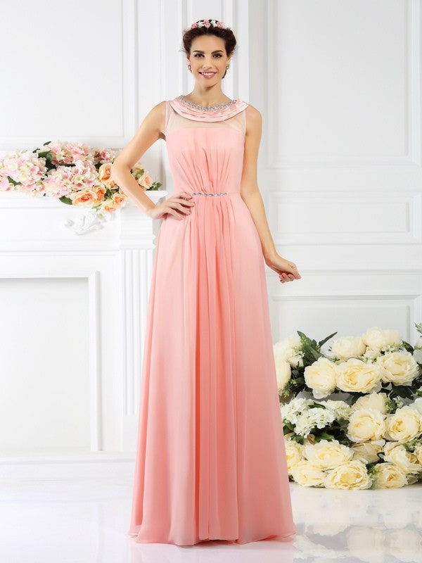 A-Line/Princess Bateau Beading Sleeveless Long Chiffon Bridesmaid Dresses Evening Mother of the Bride Dress