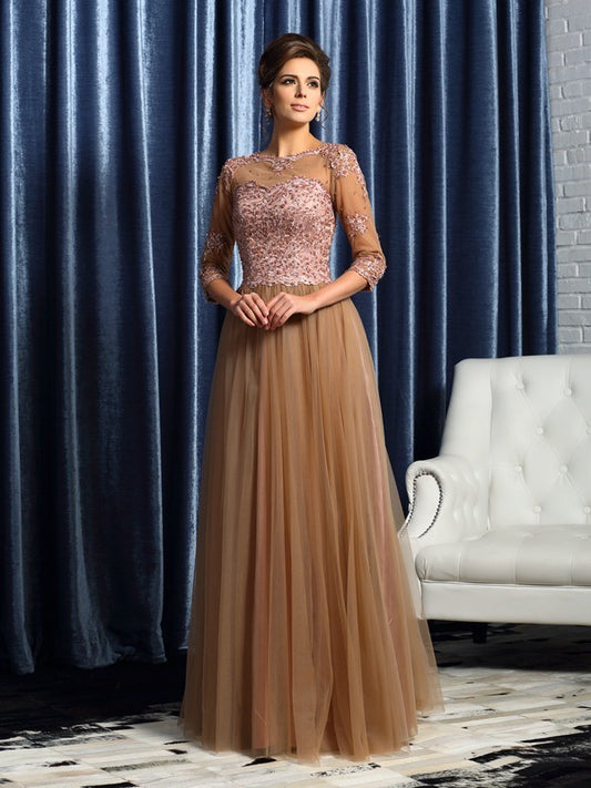 A-Line/Princess Scoop 3/4 Sleeves Long Silk like Satin Mother of the Bride Dresses