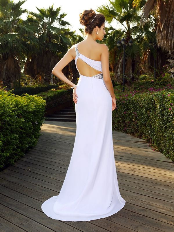 A-Linie/Princess-Linie One-Shoulder-Träger Perlen verziert Ärmellos Lange Chiffon Brautkleider