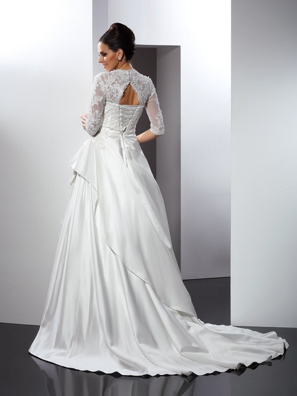 Vestidos de novia largos de satén con escote en V, corte A/princesa, apliques y mangas 1/2