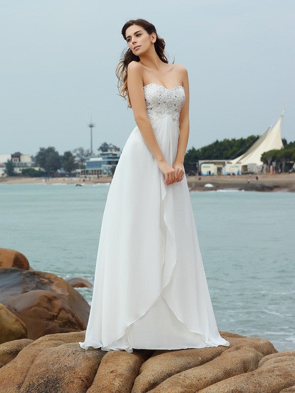 A-Linie/Princess-Linie Herzausschnitt Perlen verziert Ärmellos Lange Chiffon Strand Brautkleider