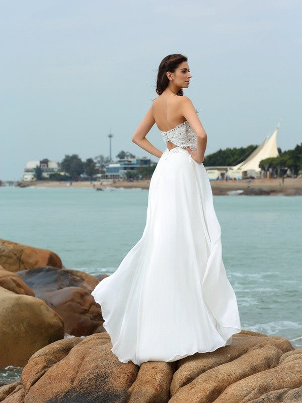 A-Linie/Princess-Linie Herzausschnitt Perlen verziert Ärmellos Lange Chiffon Strand Brautkleider