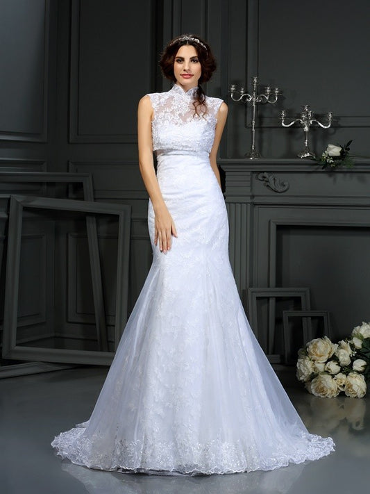 Trumpet/Mermaid Sweetheart Lace Sleeveless Long Satin Wedding Dresses Bridal Gowns