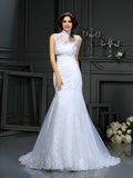 Trumpet/Mermaid Sweetheart Lace Sleeveless Long Satin Wedding Dresses Bridal Gowns
