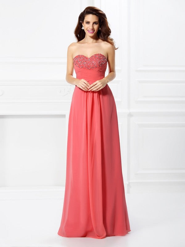 Vestido de noche de graduación de gasa largo sin mangas con escote corazón y cuentas de corte A/princesa