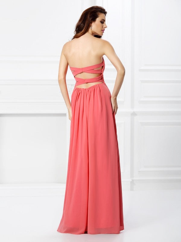 Vestido de noche de graduación de gasa largo sin mangas con escote corazón y cuentas de corte A/princesa