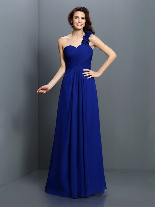 A-Line/Princess One-Shoulder Hand-Made Flower Sleeveless Long Chiffon Bridesmaid Dresses Evening Prom Dress