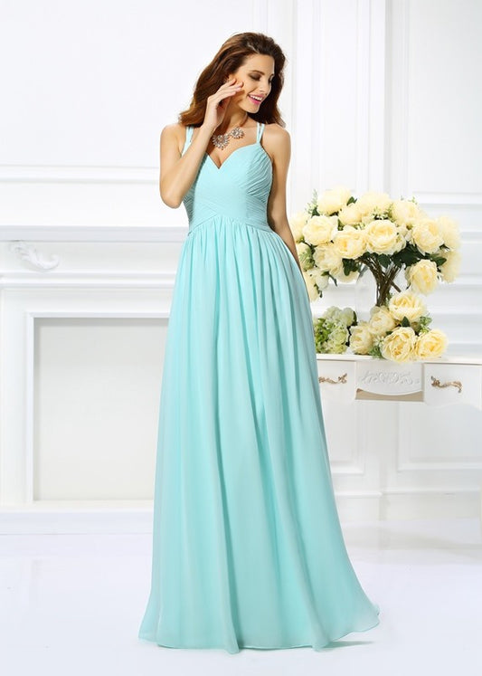 Vestido de noche de graduación de gasa largo, sin mangas, con pliegues y tirantes finos, corte A/princesa