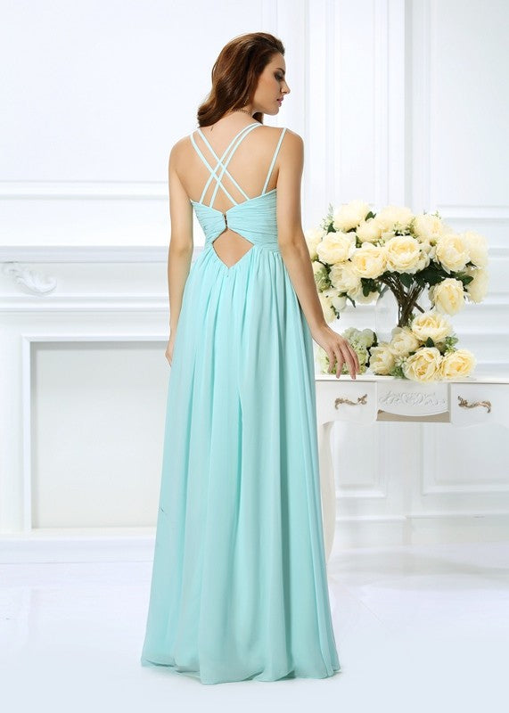 Vestido de noche de graduación de gasa largo, sin mangas, con pliegues y tirantes finos, corte A/princesa