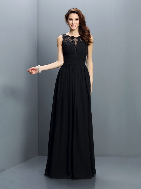 A-Line/Princess Bateau Pleats Sleeveless Long Chiffon Bridesmaid Dresses Evening Dress