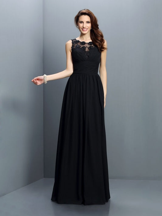 A-Linie/Princess-Linie Bateau-Ausschnitt Falten Ärmellos Lang Chiffon Brautjungfernkleider Abendkleid