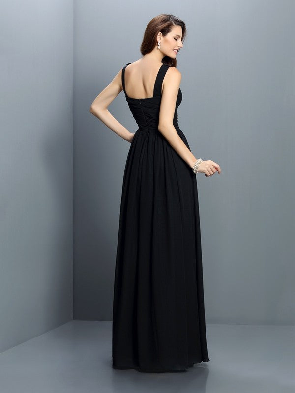 A-Line/Princess Bateau Pleats Sleeveless Long Chiffon Bridesmaid Dresses Evening Dress