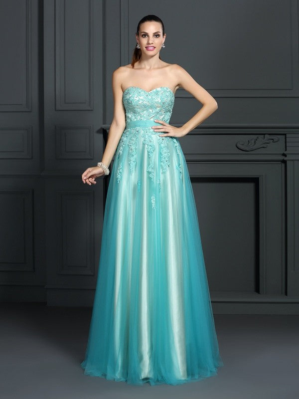 A-Line/Princess Sweetheart Applique Sleeveless Long Silk like Satin Dresses Prom Evening Dress