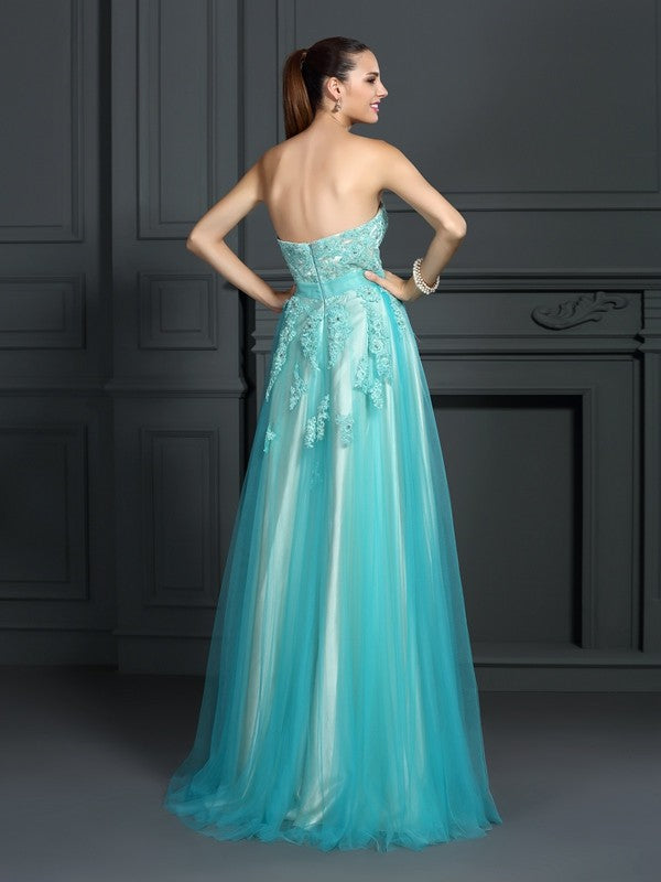 A-Line/Princess Sweetheart Applique Sleeveless Long Silk like Satin Dresses Prom Evening Dress
