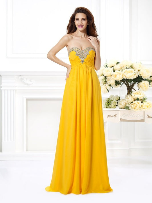 Vestido de noche de graduación de gasa largo sin mangas con escote corazón y cuentas de corte A/princesa