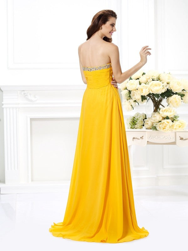 Vestido de noche de graduación de gasa largo sin mangas con escote corazón y cuentas de corte A/princesa