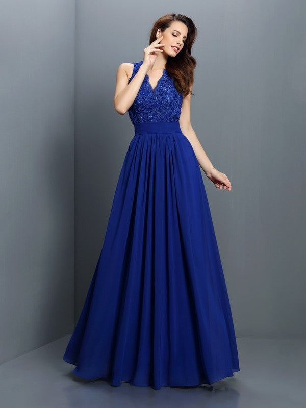 A-Line/Princess V-neck Applique Sleeveless Long Chiffon Bridesmaid Dresses Prom Evening Dress