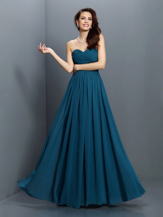 A-Line/Princess Sweetheart Pleats Sleeveless Long Chiffon Bridesmaid Dresses Prom Dress