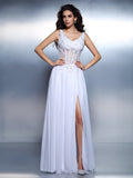 A-Line/Princess Scoop Applique Sleeveless Long Chiffon Dresses Prom Evening Dress