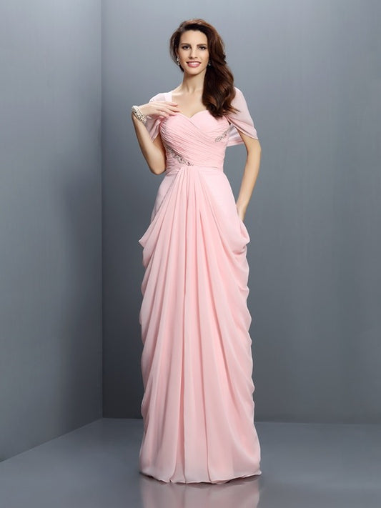 A-Line/Princess Sweetheart Pleats Short Sleeves Long Chiffon Bridesmaid Dresses Evening Dress