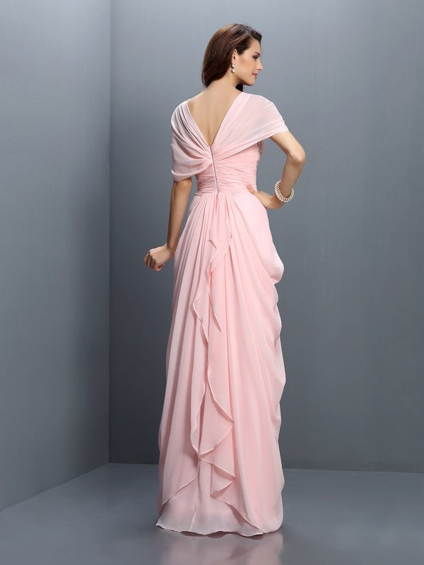 A-Line/Princess Sweetheart Pleats Short Sleeves Long Chiffon Bridesmaid Dresses Evening Dress
