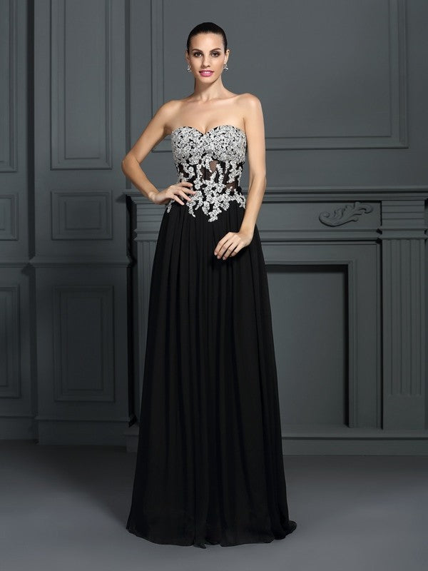A-Linie/Princess-Linie Herzausschnitt Applikationen Ärmellos Lange Chiffon Kleider Abiball-/Abendkleid