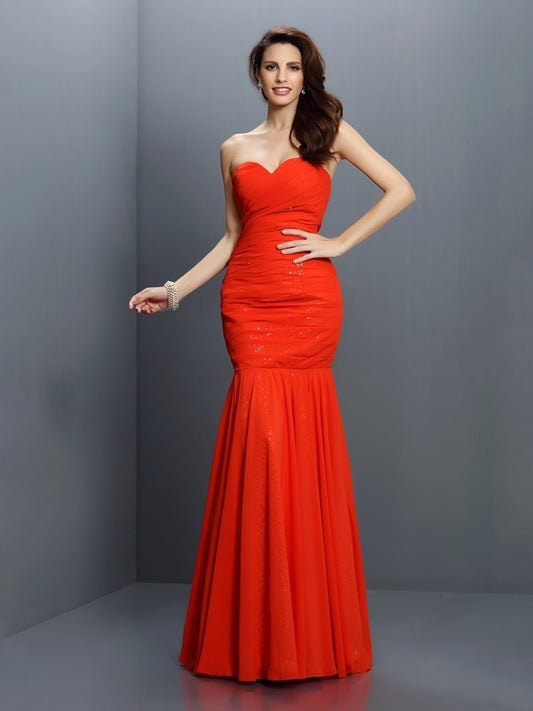 Trumpet/Mermaid Sweetheart Pleats Sleeveless Long Chiffon Bridesmaid Dresses Formal Evening Dress