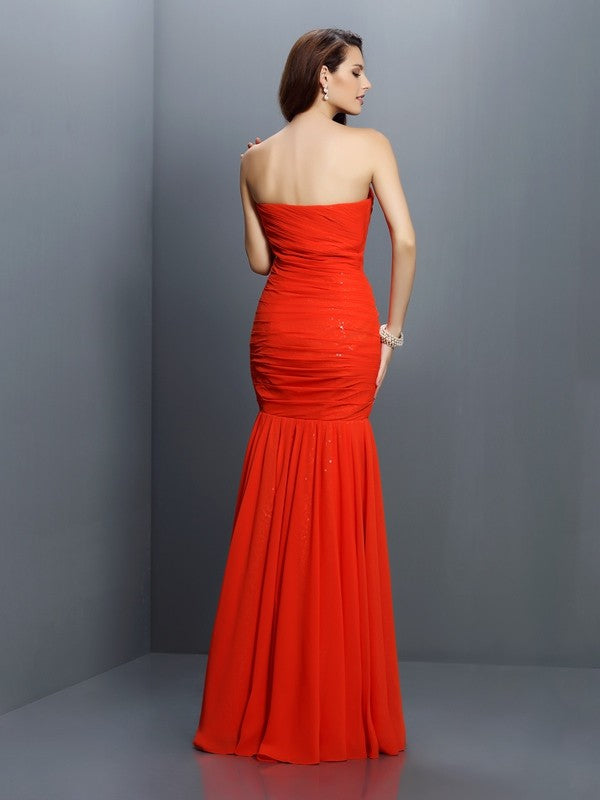 Trumpet/Mermaid Sweetheart Pleats Sleeveless Long Chiffon Bridesmaid Dresses Formal Evening Dress