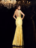 Vestido de noche de fiesta largo de encaje sin mangas con apliques y escote en V de corte trompeta/sirena