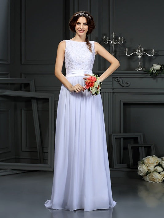 A-Line/Princess Scoop Lace Sleeveless Long Chiffon Wedding Dresses Bridal Gowns