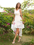 A-Line/Princess V-neck Lace Sleeveless High Low Lace Bridesmaid Dresses Prom Dress