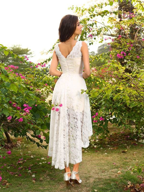 Vestido de dama de honor de corte A/princesa, escote en V, encaje, sin mangas, corte alto bajo, para invitada de boda