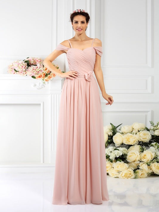 A-Line/Princess Spaghetti Straps Pleats Sleeveless Long Chiffon Bridesmaid Dresses Evening Dress