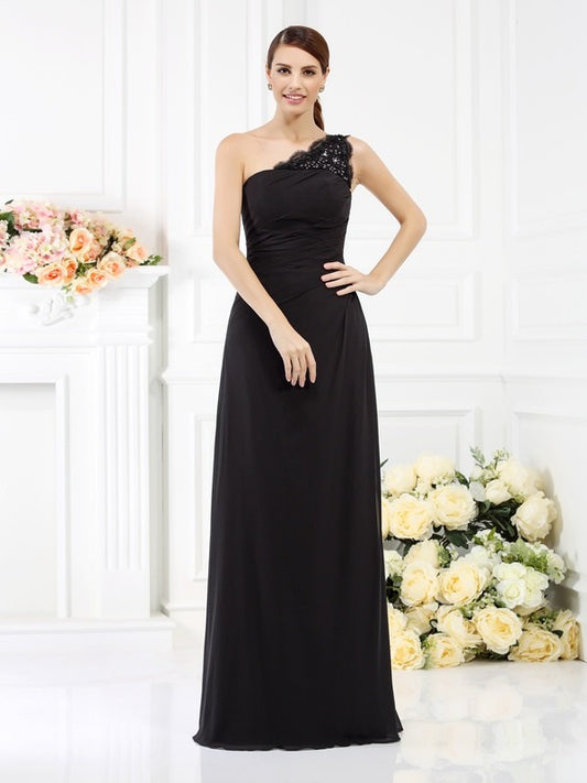 Sheath/Column One-Shoulder Sleeveless Long Chiffon Bridesmaid Dresses Evening Dress
