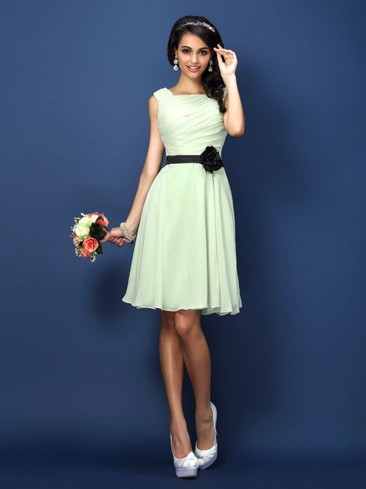 A-Linie/Princess-Linie Bateau-Ausschnitt Falten Ärmellos Kurz Chiffon Brautjungfernkleider Kleid für Hochzeitsgäste