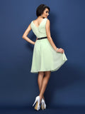 A-Line/Princess Bateau Pleats Sleeveless Short Chiffon Bridesmaid Dresses Wedding Guest Dress